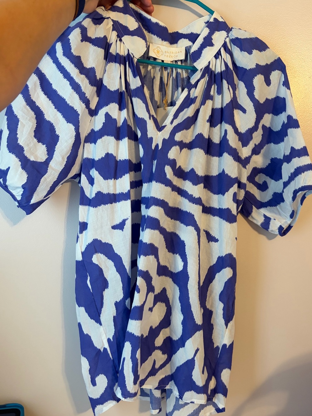 Sheridan French Blue & White Printed Puff-Sleeve Blouse